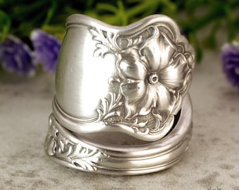 Sterling Wildflower Wrap Ring, Sterling Silver Viola Ring, Vintage Spring Blossom Spiral Ring, Art Nouveau Sterling Silver Spoon Ring, 1459