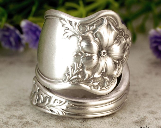 Sterling Wildflower Wrap Ring, Sterling Silver Viola Ring, Vintage Spring Blossom Spiral Ring, Art Nouveau Sterling Silver Spoon Ring, 1459