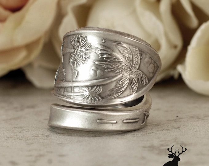 Sterling Silver Aloha Ring, Hawaii Wrap Ring, Vintage Hawaii Ring, Art Nouveau Sterling Spoon Ring, Tropical Beach Jewelry, 2471
