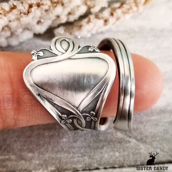Opal Wrap Spoon Ring with Heart Clover Design Sterling Silver Opal Wrap Spoon Ring with Heart Clover Design Sterling Silver
