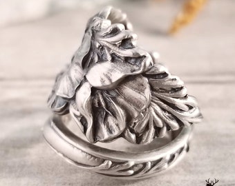 Art Nouveau Floral Poppy Sterling Ring, Poppies Wildflower Vintage Spoon Ring, Vintage Flower Ring, Sterling Silver Flower Spoon Ring, 479