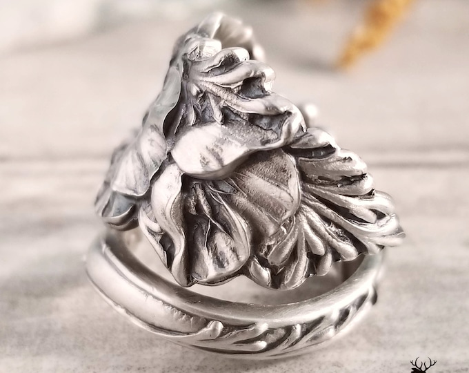 Art Nouveau Floral Poppy Sterling Ring, Poppies Wildflower Vintage Spoon Ring, Vintage Flower Ring, Sterling Silver Flower Spoon Ring, 479
