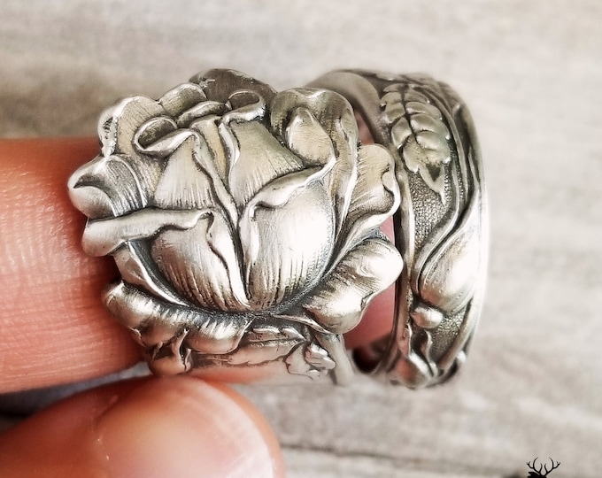 Antique Rose Blossom Ring, Vintage Sterling Rose Ring, Sterling Rose Ring, Unique Rose Jewelry, Wide Rose Ring, Rose Bud Spoon Ring, 122A