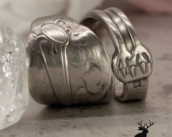 Unique Stork Ring, Stork Delivering Baby Wrap Ring, Wide 830 Silver Bird Ring, Unique Seabird Ring, Vintage Silver Avian Spoon Ring, 790