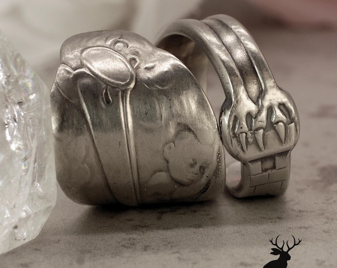 Unique Stork Ring, Stork Delivering Baby Wrap Ring, Wide 830 Silver Bird Ring, Unique Seabird Ring, Vintage Silver Avian Spoon Ring, 790
