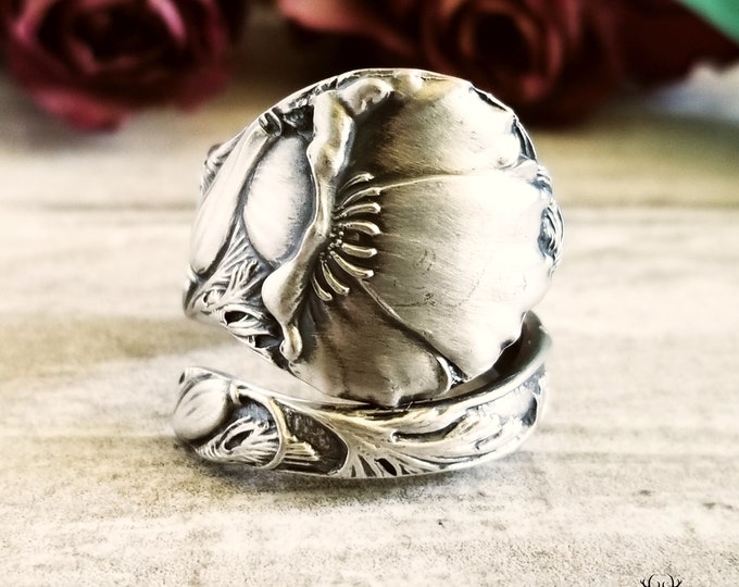 California Poppy Wildflower Ring, Floral Poppy Sterling Ring, Vintage Flower Ring, Art Nouveau Sterling Flower Ring, Unique Gift, 1749