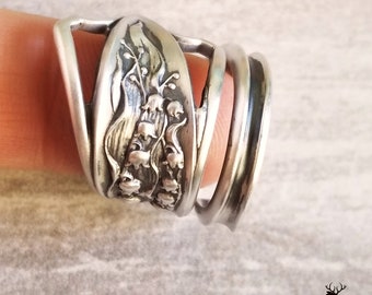 Lily of the Valley Sterling Ring, Lily Wrap Ring, Convallaria Majalis Ring, Vintage Bloom Ring, Antique Sterling Silver Spoon Ring, 604
