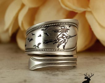 Sterling Silver Engraved Witch Ring, Unique Engraved Witch on Broom Ring, Occult  Witch and Bats Ring, Silver Witch Spoon Ring, 5029