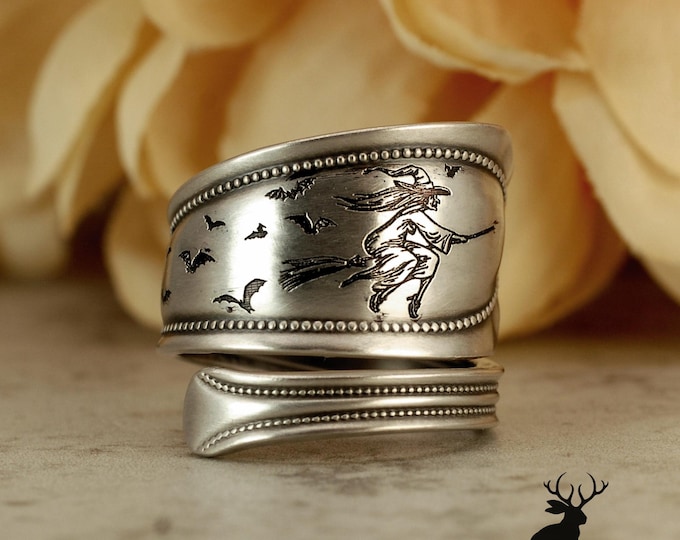 Sterling Silver Engraved Witch Ring, Unique Engraved Witch on Broom Ring, Occult  Witch and Bats Ring, Silver Witch Spoon Ring, 5029