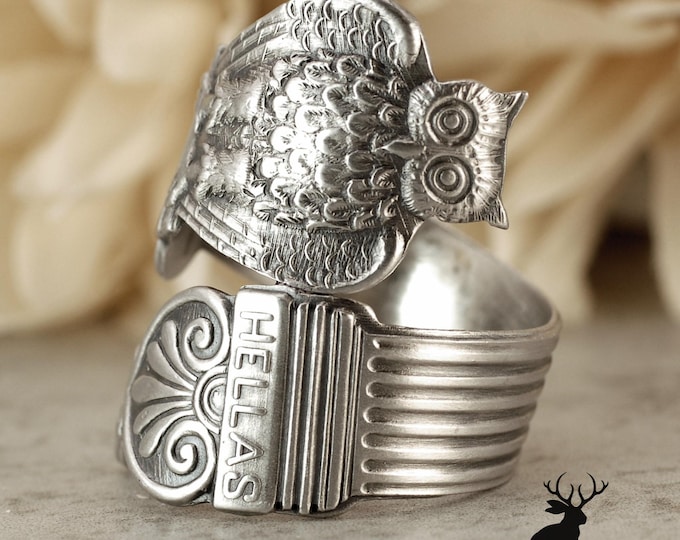 Owl Wrap Ring, Antique Greek Owl Ring, Vintage Athens Spiral Ring, Vintage Art Nouveau Bird Jewelry, 925 Sterling Owl Spoon Ring, 1827