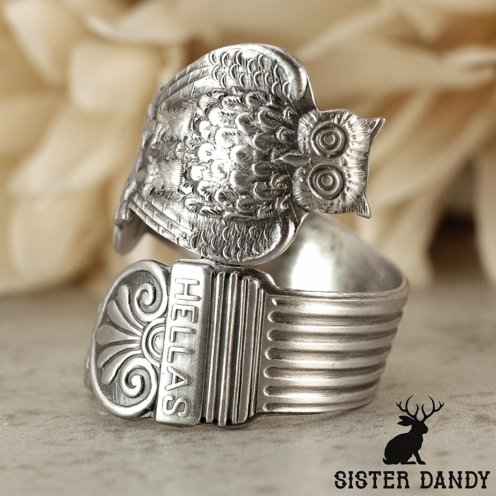 Owl Wrap Ring, Antique Greek Owl Ring, Vintage Athens Spiral Ring, Vintage Art Nouveau Bird Jewelry,