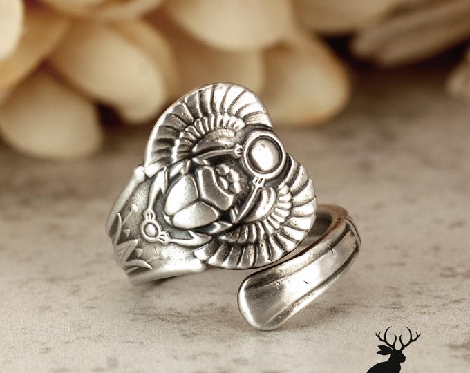 Scarab Sterling Wrap Ring, Sterling Silver Egyptian Scarab Art Deco Ring, Khepri Beetle Ring, Silver Spiritual Protection Ring, 101