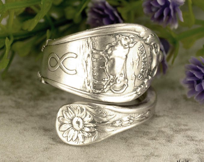 Taurus Zodiac Silver Bull Ring, Sterling Silver Ring, Dainty Zodiac Ring, Taurus Silver Spoon Ring, Silver Astrology Wrapping Ring, 769B