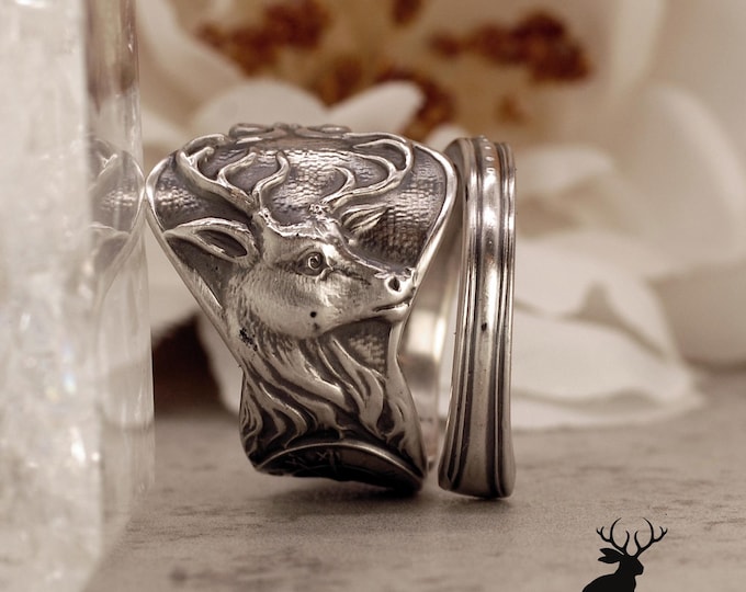 Sterling Stag Ring, Silver Buck Ring, Sterling Silver Deer Ring, Bull Elk Silver Ring, Antique Sterling Hart Ring, Hunter Spoon Ring, 2446