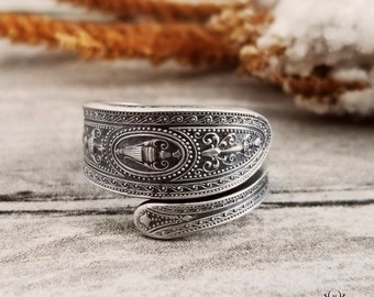 Rococo Style Silver Statement Ring, Victorian Sterling Wrap Ring, Antique Bohemian Spiral Ring, Unique Sterling Silver Boho Spoon Ring, 1850