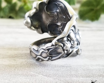 Vintage Green Man Ring, Rare Unger Douvaine Sterling Ring, Handmade Forest Spirit  Ring, Vintage Sterling Silver Spoon Jewelry, 194