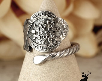 Dainty Daffodil Wrap Ring, Narcissus Snow Bloom Ring, Spring Blossom Spiral Ring, Antique Sterling Silver Floral Spoon Ring, 2218