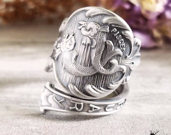 Pisces Zodiac Silver Fish Ring, Sterling Silver Astrological Wrap Ring, Pisces Silver Ring, Fish Spoon Ring, Astrology Jewelry, 1149
