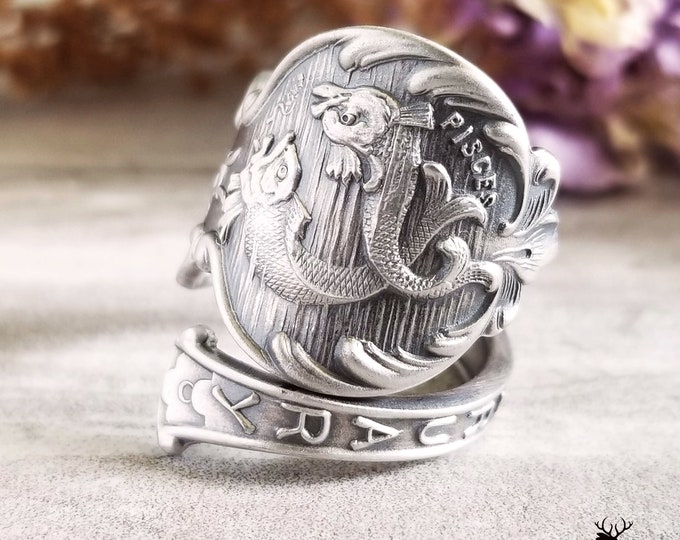 Pisces Zodiac Silver Fish Ring, Sterling Silver Astrological Wrap Ring, Pisces Silver Ring, Fish Spoon Ring, Astrology Jewelry, 1149