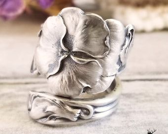 Pansy Sterling Bloom Ring, Vintage Pansy Wrap Ring, Dainty Flower Spiral Ring, Unique Silver Botanical Ring, Sterling Silver Spoon Ring, 620