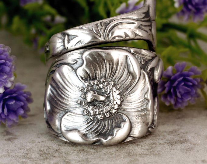 California Poppy Wildflower Ring, Floral Poppy Sterling Boho Ring, Vintage Bloom Ring, Art Nouveau Sterling Silver Flower Spoon Ring, 1981