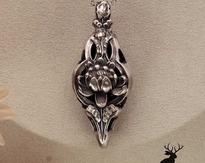 Sterling Silver & Emerald Lotus Pendant, Silver Gemstone Waterlily Necklace, Art Nouveau Alvin Inspired Lotus Wedding Necklace, 177P