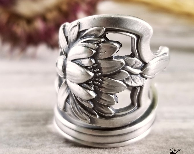 Sterling Lotus Bloom Ring, Water Lily Ring, Vintage Floral Bloom Ring, Vintage Flower Jewelry, Antique Sterling Silver Lotus Ring, 156