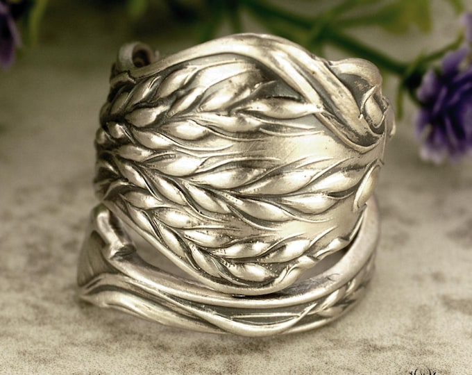 Elegant Grain Ring, Sterling Silver Wheat Ring, Botanical Grain Ring, Vintage Baking Wrap Ring, Nature Inspired Spoon Ring, Leaf Ring, 1929