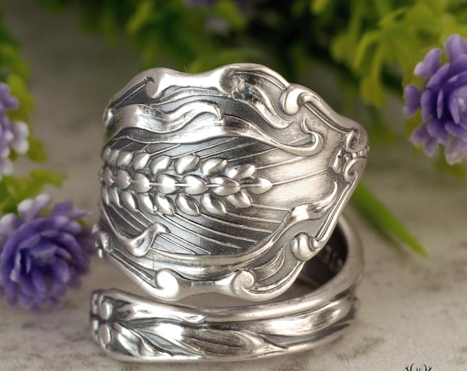 Sterling Silver Wheat Wrap Ring, Silver Baking Wheat Ring, Vintage Botanical Ring, Nature Inspired Spoon Ring, Grain & Leaf Ring, 1398