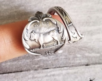 Taurus Zodiac Wrap Ring, Sterling Silver Astrology Ring, Zodiac Spiral Ring, Taurus Silver Spoon Ring, Bull Silver Ring, Tarot Jewelry, 1156