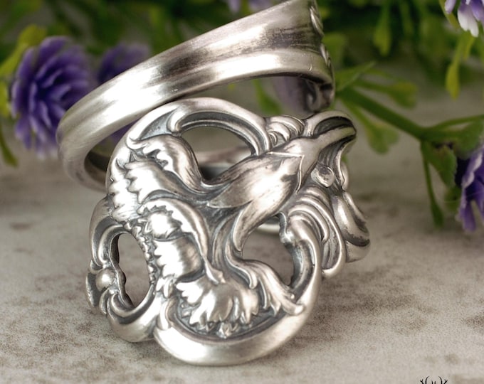 Art Nouveau Carnation Sterling Silver Ring, Antique Flower Bloom Ring, Flower Spiral Ring, Floral Spoon Jewelry, Sterling Spoon Ring, 378