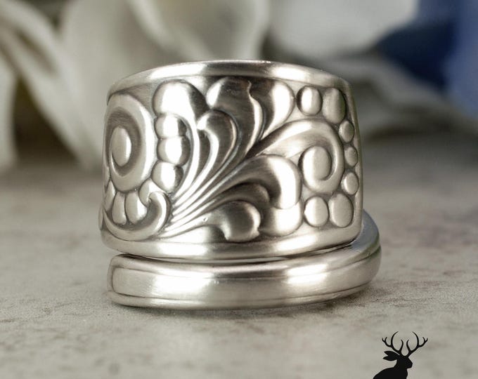 Austin and Prescott Sterling Spoon Ring, Wide Art Nouveau Scroll Wrap Ring, Antique Silver Statement Jewelry, 2410