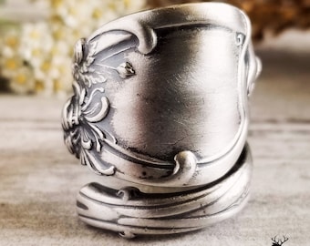 Art Nouveau Chrysanthemum Silver Ring, Antique Sterling Mum Flower Ring, Kiku Flower Ring, Antique Sterling Reed & Barton Spoon Ring, 1016