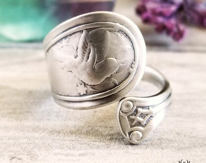 Rare Sterling Bird Spoon Ring, Antique Spoon Ring, Vintage Spoon Ring, Vintage Bird Jewelry, Art Nouveau Sterling Silver Spoon Ring, 1478