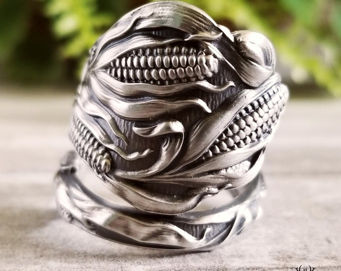 Corn Sterling Wrap Ring, Silver Vegetable Garden Ring, Unique Maize Gardening Ring, Vintage Nature Inspired Farmers Spoon Ring, 1380