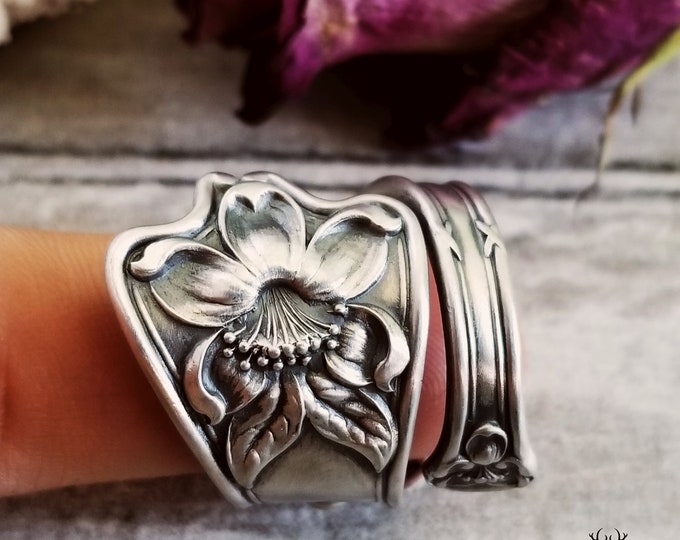 Tropical Floral Wrap Ring, Sterling Hibiscus Ring, Vintage Spiral Ring, Art Nouveau Sterling Silver Spoon Ring, Silver Flower Ring, 1334