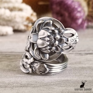 Art Nouveau Waterlily Spoon Ring, Vintage Floral Spoon Ring, Antique Sterling Lotus Spoon Ring, Vintage Sterling Silver Flower Ring, 177