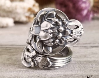 Art Nouveau Waterlily Spoon Ring, Vintage Floral Spoon Ring, Antique Sterling Lotus Spoon Ring, Vintage Sterling Silver Flower Ring, 177