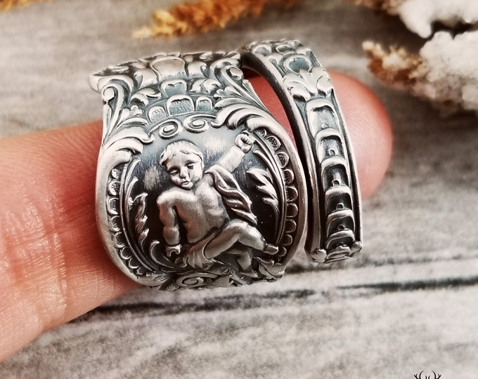 Unique Vintage Winged Cherub Spoon Ring, Angelic Cherub Sterling Spoon Ring, Vintage Spoon Jewelry, Sterling Silver Spoon Ring Gift, 1870
