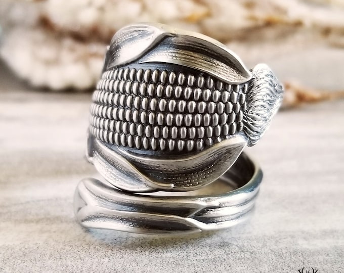 Corn Sterling Spoon Ring, Vegetable Garden Spoon Ring, Gardening Spoon Ring, Vintage Spoon Jewelry, Nature Inspired Leaf Spoon Ring, 1529