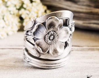 Antique Wild Rose Sterling Silver Spoon Ring, Rose Floral Spoon Ring, Vintage Flower Ring, Sterling Spoon Ring, Vintage Spoon Jewelry, 594