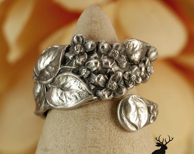 Dainty Dogwood Bloom Ring, Cornus Blossom Wrap Ring, Art Nouveau Arbores Vitae Ring, Antique Sterling Silver Floral Spoon Ring, 2386