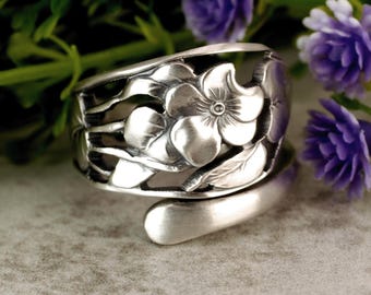 Stunning Wild Flower Bloom Ring, Silver Floral Poppy Ring, Vintage Spring Blossom Ring, Art Nouveau Sterling Silver Flower Spoon Ring, 2199