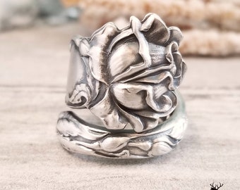 Vintage Rose Ring, Silver Rose Blossom Spoon Ring, Sterling Rose Spoon Ring, Antique Rose Jewelry, Retro Rose Ring, Rose Flower Ring, 122B