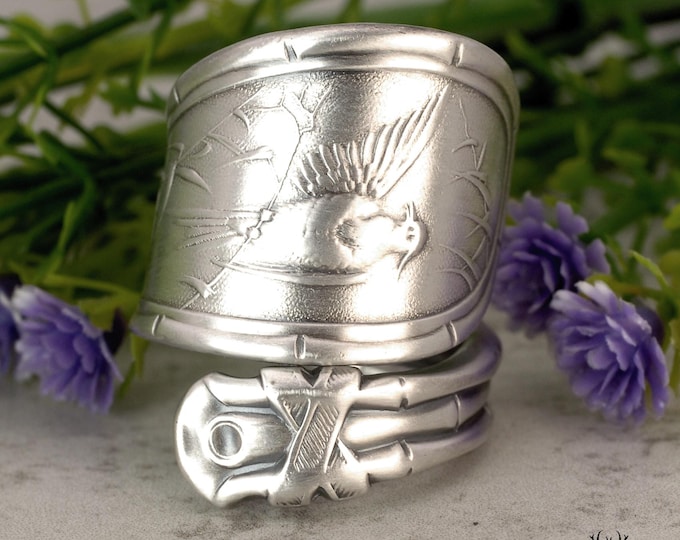 Unique Avian in Reeds Ring, Sterling Silver Bird Ring, Sterling Bamboo Wildlife Ring, Silver Bird Jewelry, Antique Bird Spoon Ring, 2205