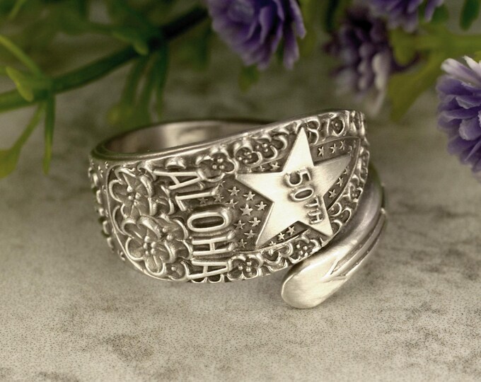 Sterling Silver Aloha Ring, Hawaii Wrap Ring, Dainty Vintage Hawaii Ring, Art Nouveau Sterling Spoon Ring, Tropical Jewelry, 2198