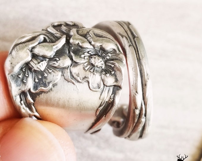 Sterling Wildflower Poppies Wrap Ring, Floral Spiral Ring, Vintage Spring Flower Ring, Art Nouveau Sterling Silver Flower Spoon Ring, 1060