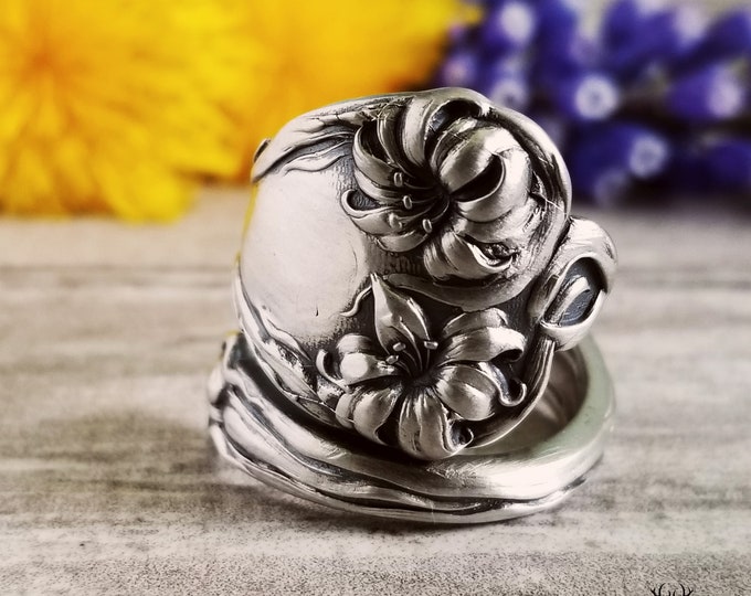Art Nouveau Lily Ring, Silver Lily Spoon Ring, Vintage Spoon Ring, Vintage Flower Jewelry Gift, Sterling Silver Spoon Ring, Floral Ring, 266