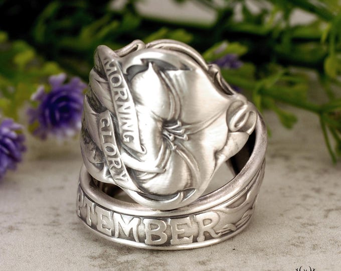 Sterling Morning Glory Ring, Spiral Libra Ipomoea Ring, Unique Floral Zodiac Ring, Vintage Sterling Silver Astrological Spoon Ring, 2269