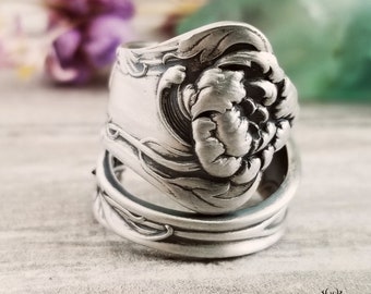 Peony Sterling Silver Ring, Art Nouveau Sterling Spoon Ring, Antique Flower Spoon Ring, Flower Ring, Floral Spoon Jewelry, 1303